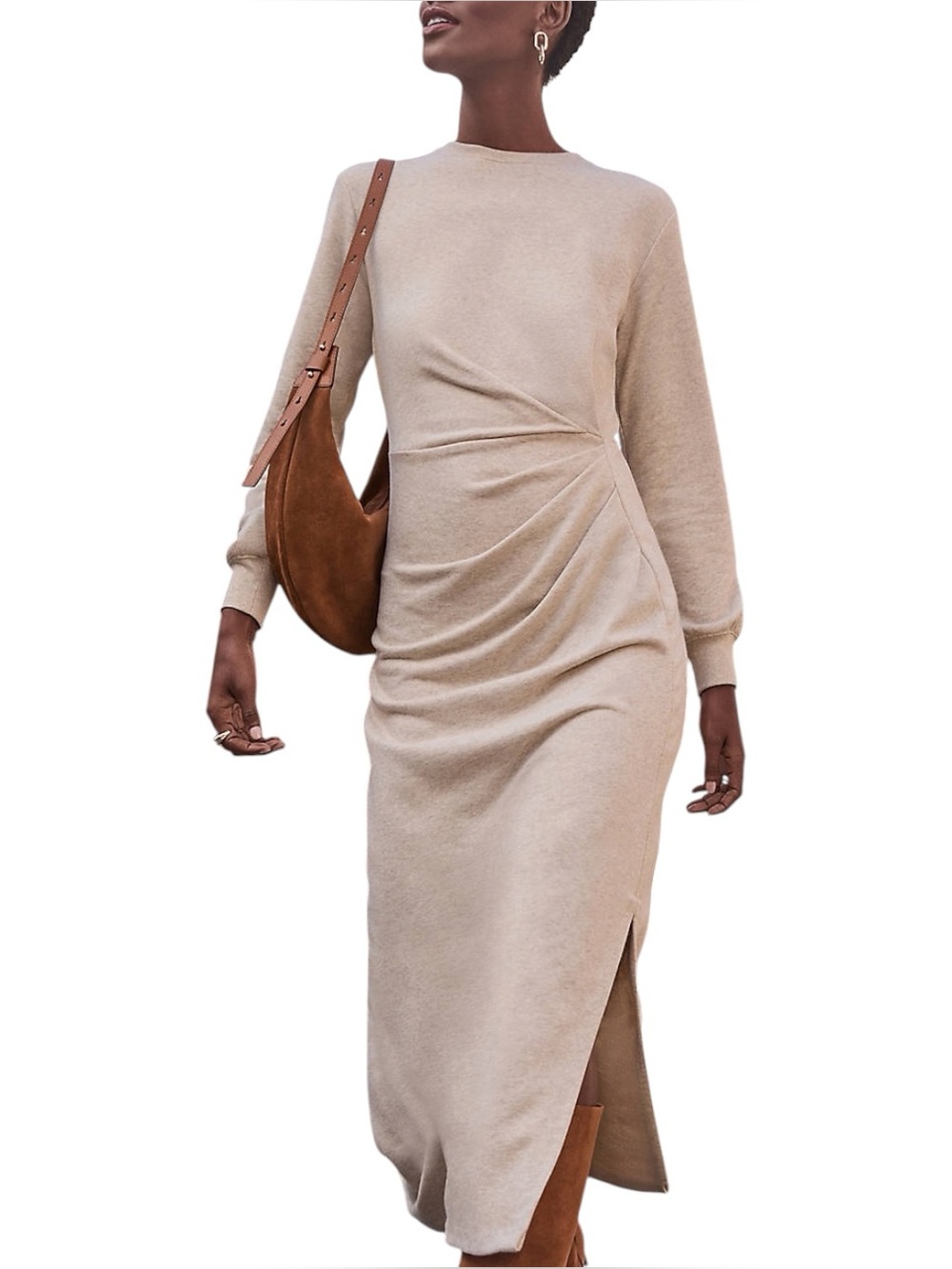 LOFT Terry Side Pleated Longsleeve Crewneck Sweatershirt Midi Dress Medium